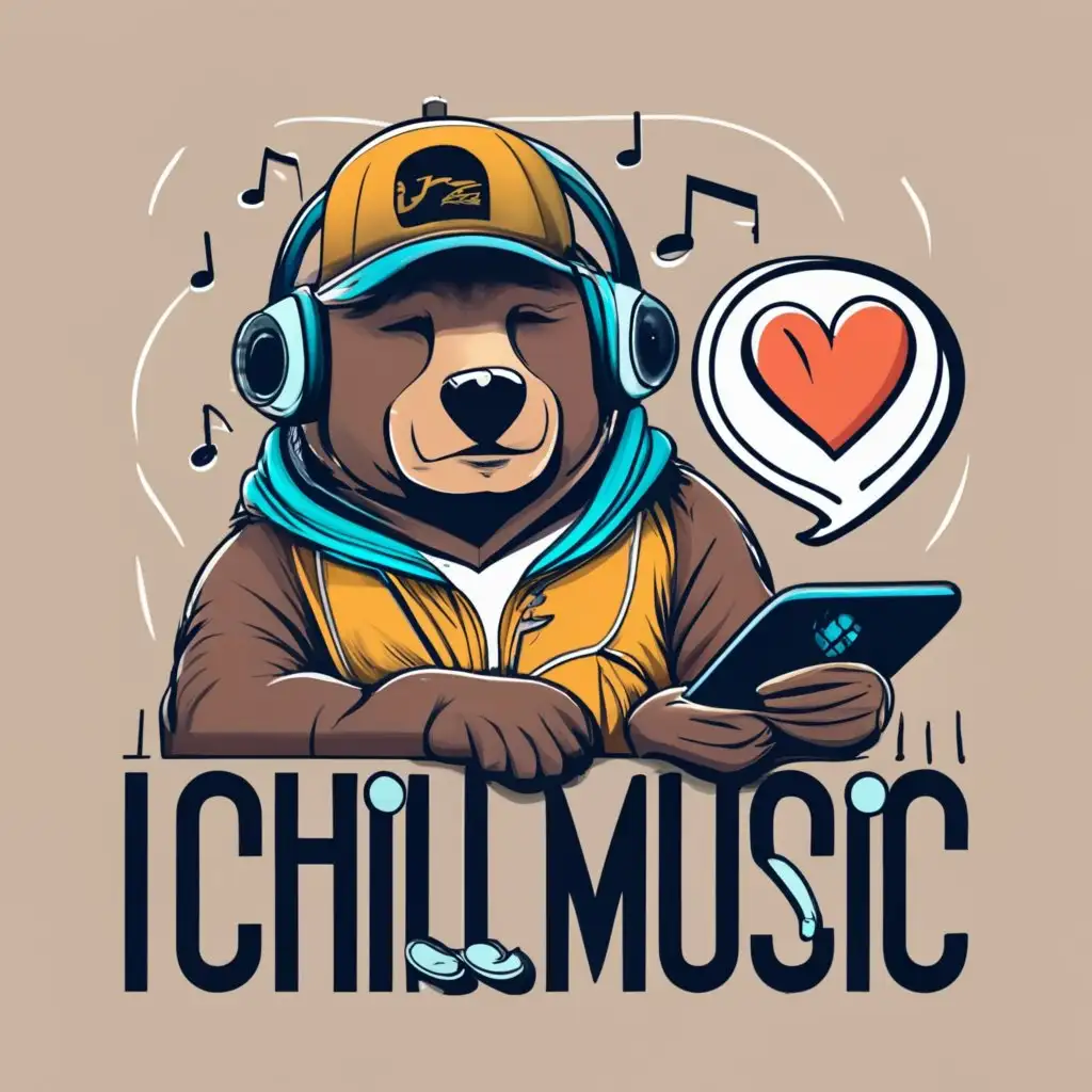 logo, A bear in a cap listens to music on his phone, with the text "I love chill music", typography, be used in Entertainment industry