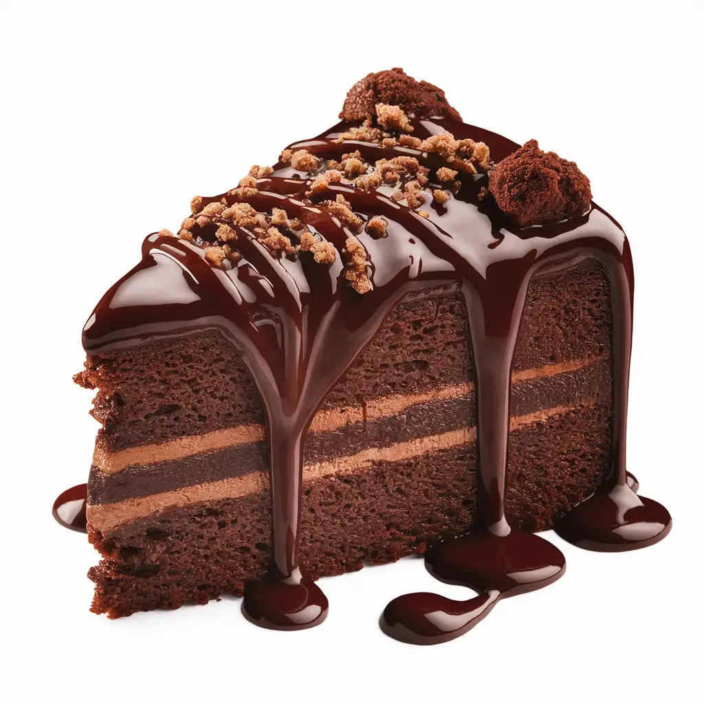 A slice of decadent chocolate cake drizzled with rich chocolate sauce.