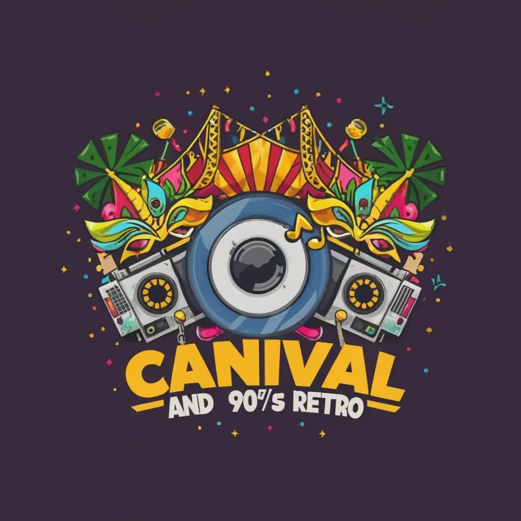 logo, Music Disk with Carnival and 90s Retro  radio, mask, camera film roll, with the text "Carnival and 90s Retro", typography, be used in Events industry