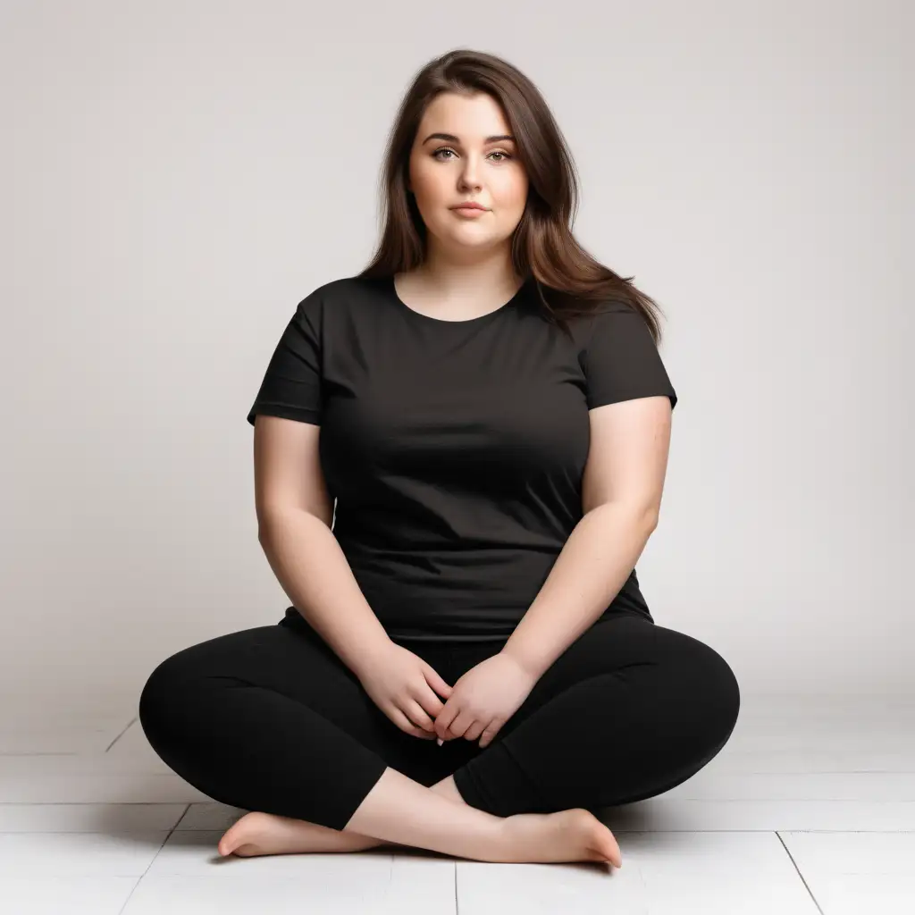 Chubby Woman in Plain Black TShirt MockUp Photo Sitting on White Background
