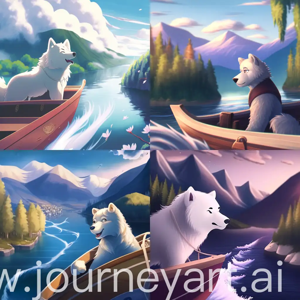 нарисуй собаку самоеда на лодке который плывет по реке, смотрит в даль, а вокруг горы и лес 