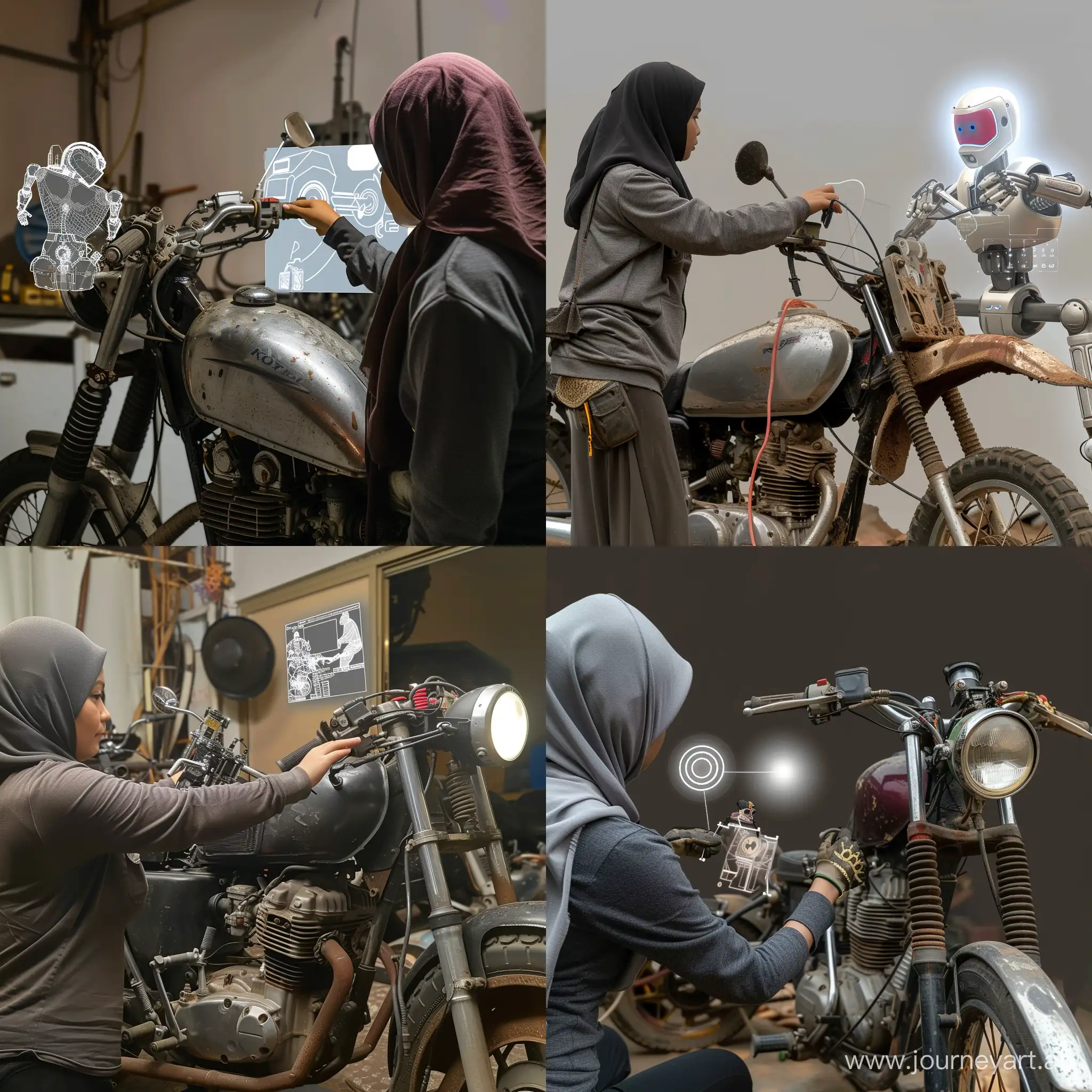 Malay-Woman-in-Hijab-Fixing-Motorcycle-with-Robot-Assistant