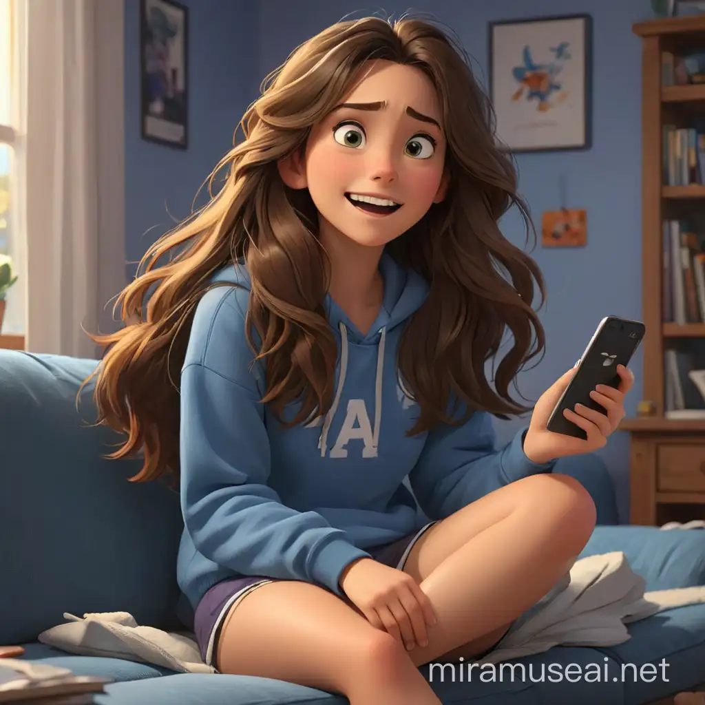 Generate a character prompt about a friendly , smart, long-haired brunette fourteen-year-old girl who enjoys watching sport, ice hockey watching something on her phone in her bedroom with her feet up on the couch, in a pixar-like style.