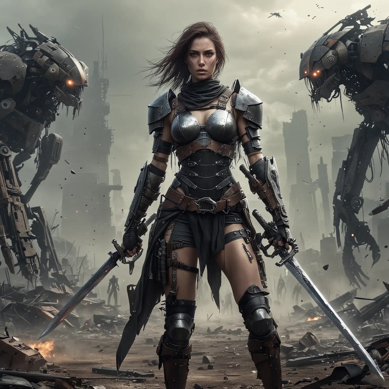 PostApocalyptic Battle Scene with SwordWielding Woman and Robots
