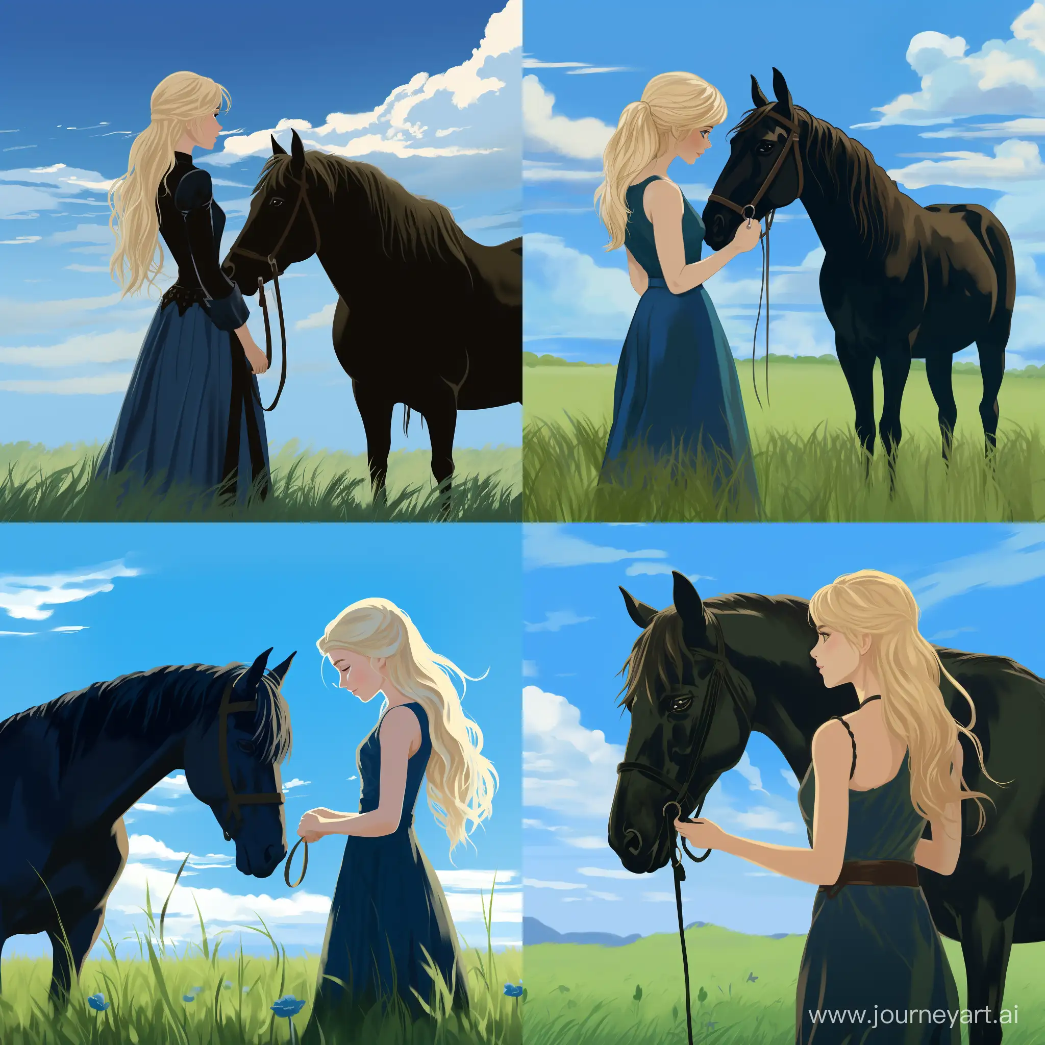 Blonde-Girl-in-Blue-Dress-Admires-Majestic-Black-Horse-on-Green-Meadow
