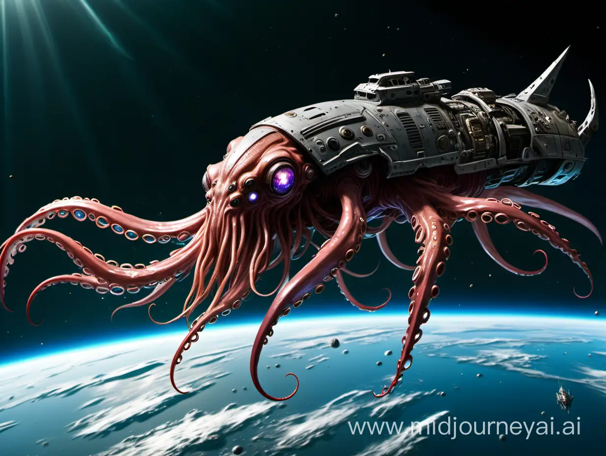 A miles long squid creature wearing an armored carapace made of different wrecked spaceships floating in space