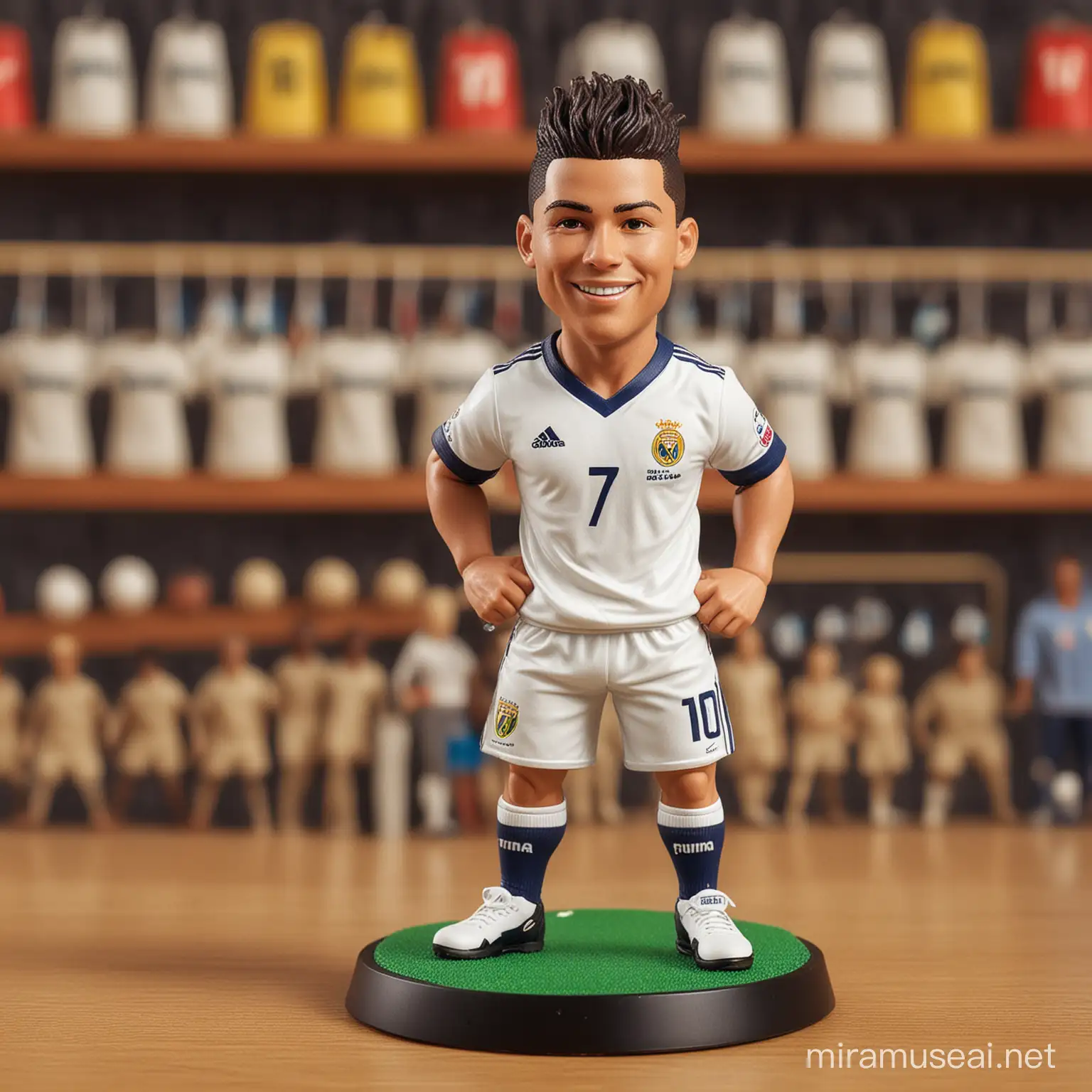 HD, Ultra detailed, real images. A table on which there is a 3d toy figure of player look like Ronaldo with big smile on face.dribbling the ball,  shirt with logo puma on his chest, white soccer pants with number 10,and dreadlock man bun style hair.On a plastic toy stand. The image created must refer to and be exactly the same as the iconic photo of player  look like Ronaldo on the internet.in the toy store in the background.