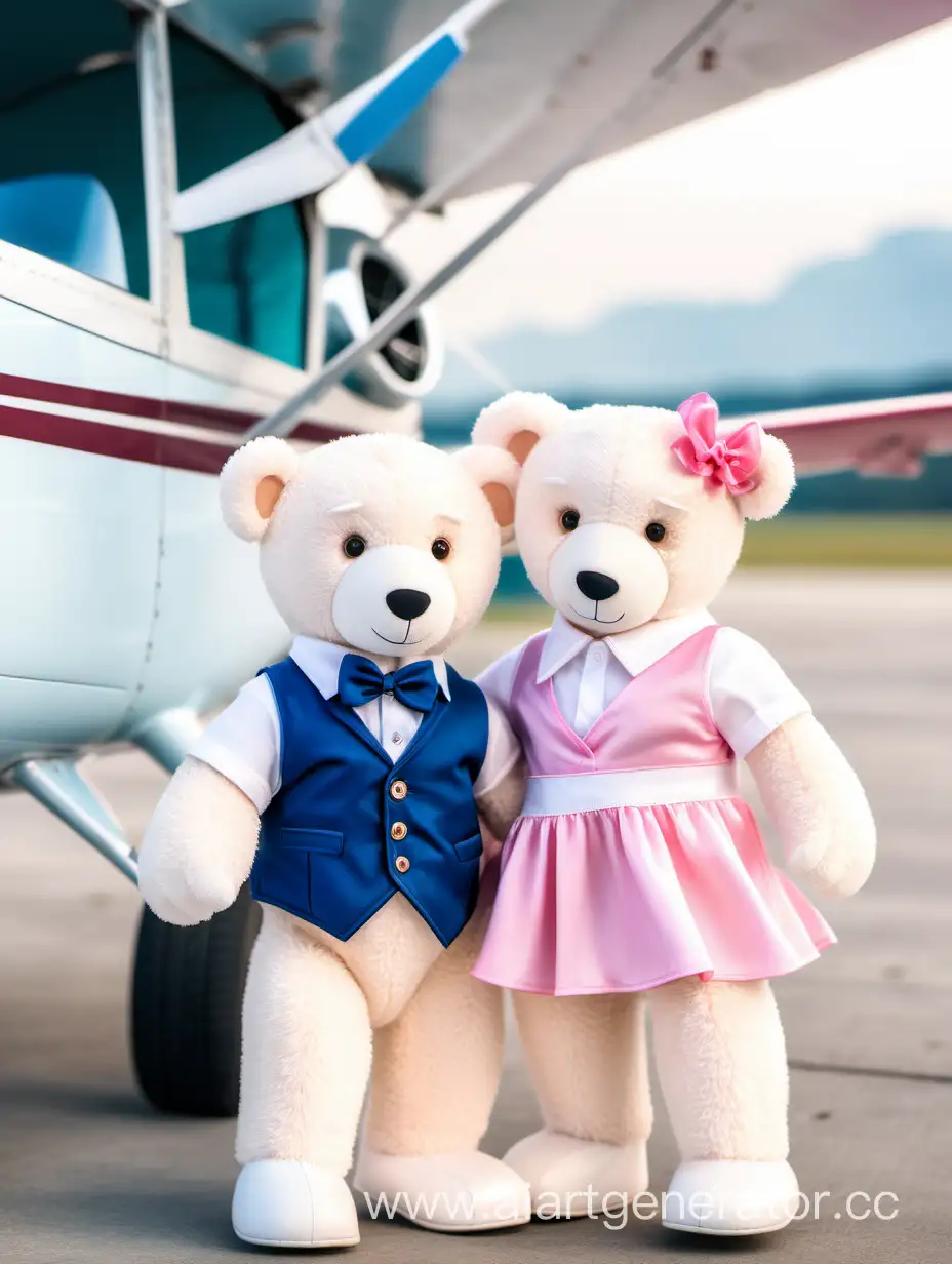 Фотосессия пары влюбленных милых белых мишек на фоне самолета Cessna 172. Мишка девочка розовом платье. Мишка мальчик в синей жилетке.