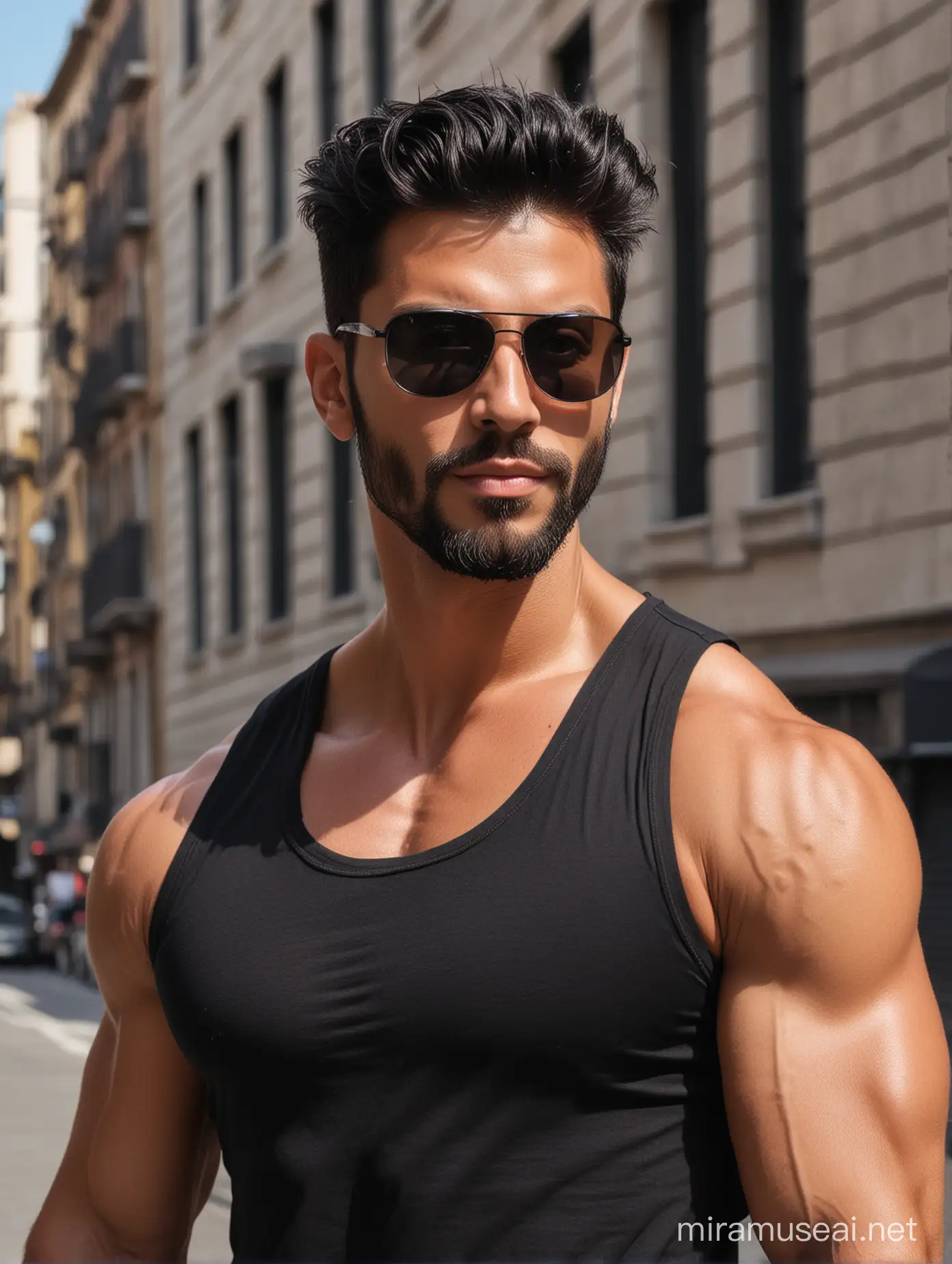 Tall and handsome muscular men with beautiful black hairstyle and beard with attractive eyes and broad shoulder and chest in black shirt with black sunglasses walking on street 