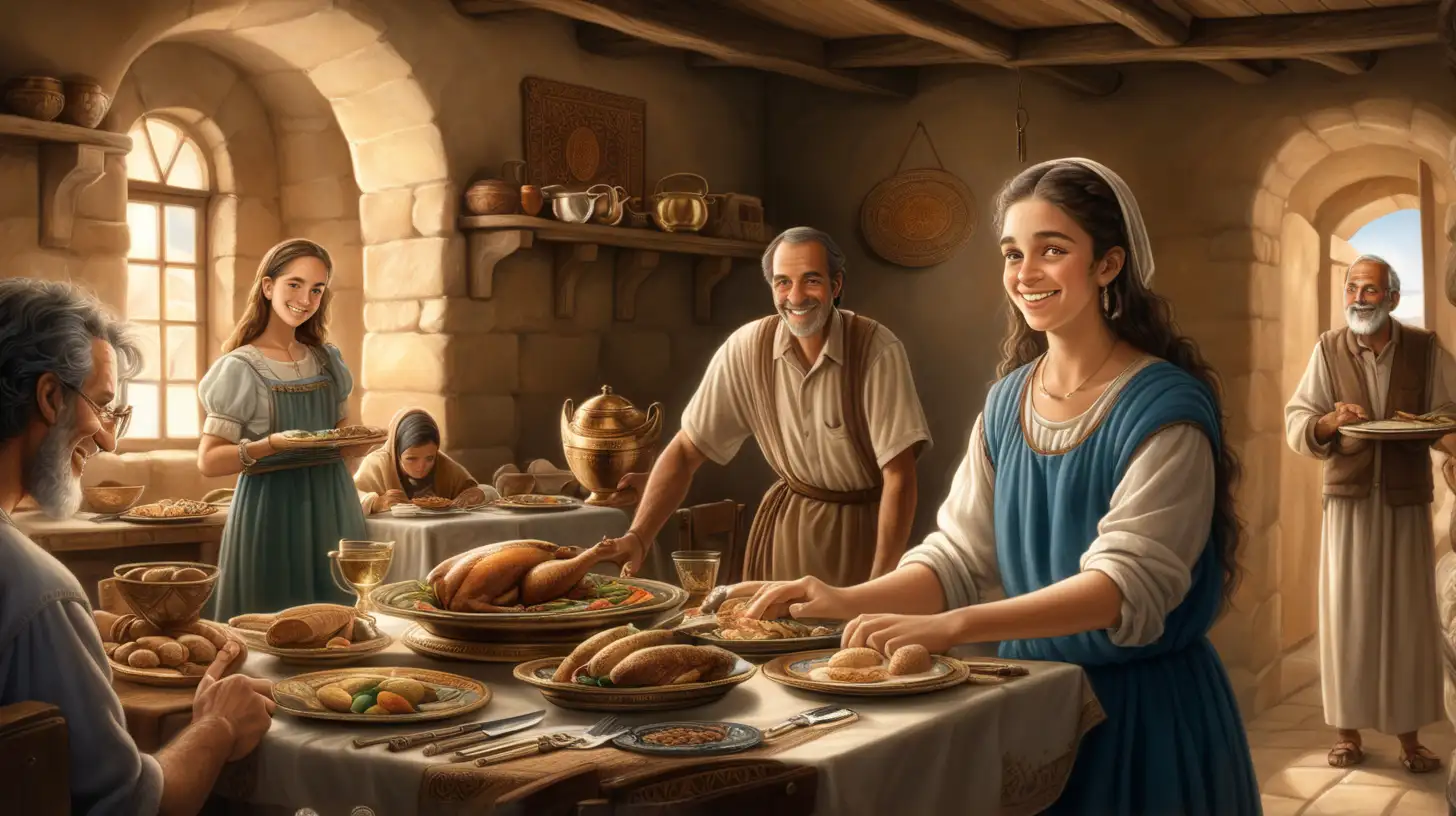 époque biblique, une belle jeune femme de 18 ans souriante debout, elle pose une assiète remplie de nourriture sur la table, son père et à sa mère sont assis à table, mains hyper détaillées, dans une maison hébreu