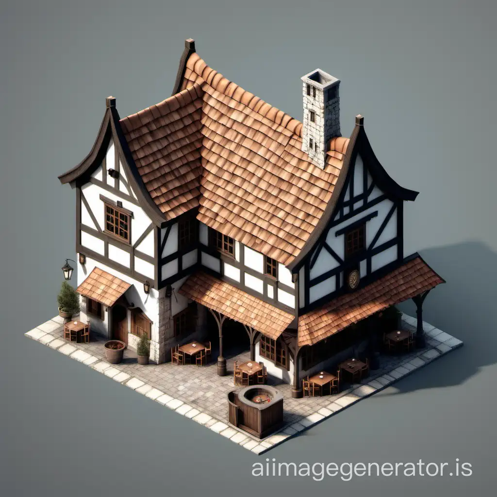 realistic pbr render of topdown isometric building on white background. tavern in medieval style, built with wood and concrete
