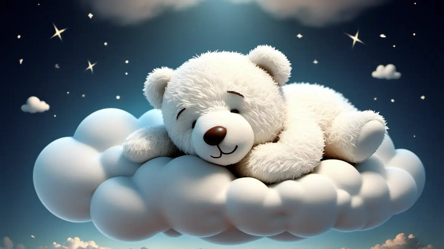 Adorable White Teddy Bear Sleeping on a Cloud