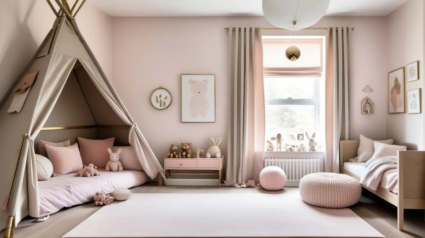 a modern elegant childrens room; beige, oak,  brass, with accents of soft pink colour palette