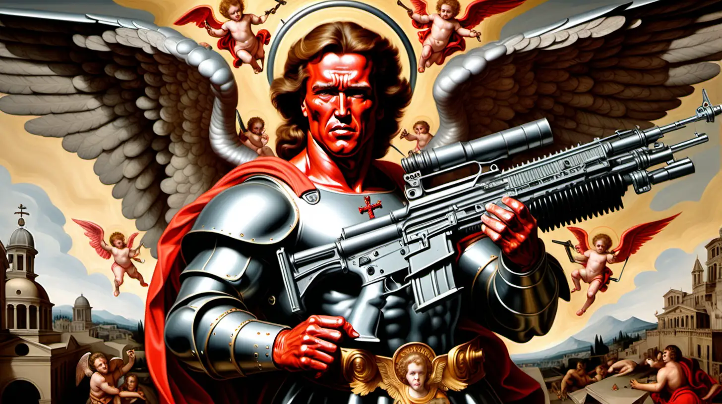 st michael archangel with arnold schwarzenegger face pointing a machine gun at the devil renaissance painting style
