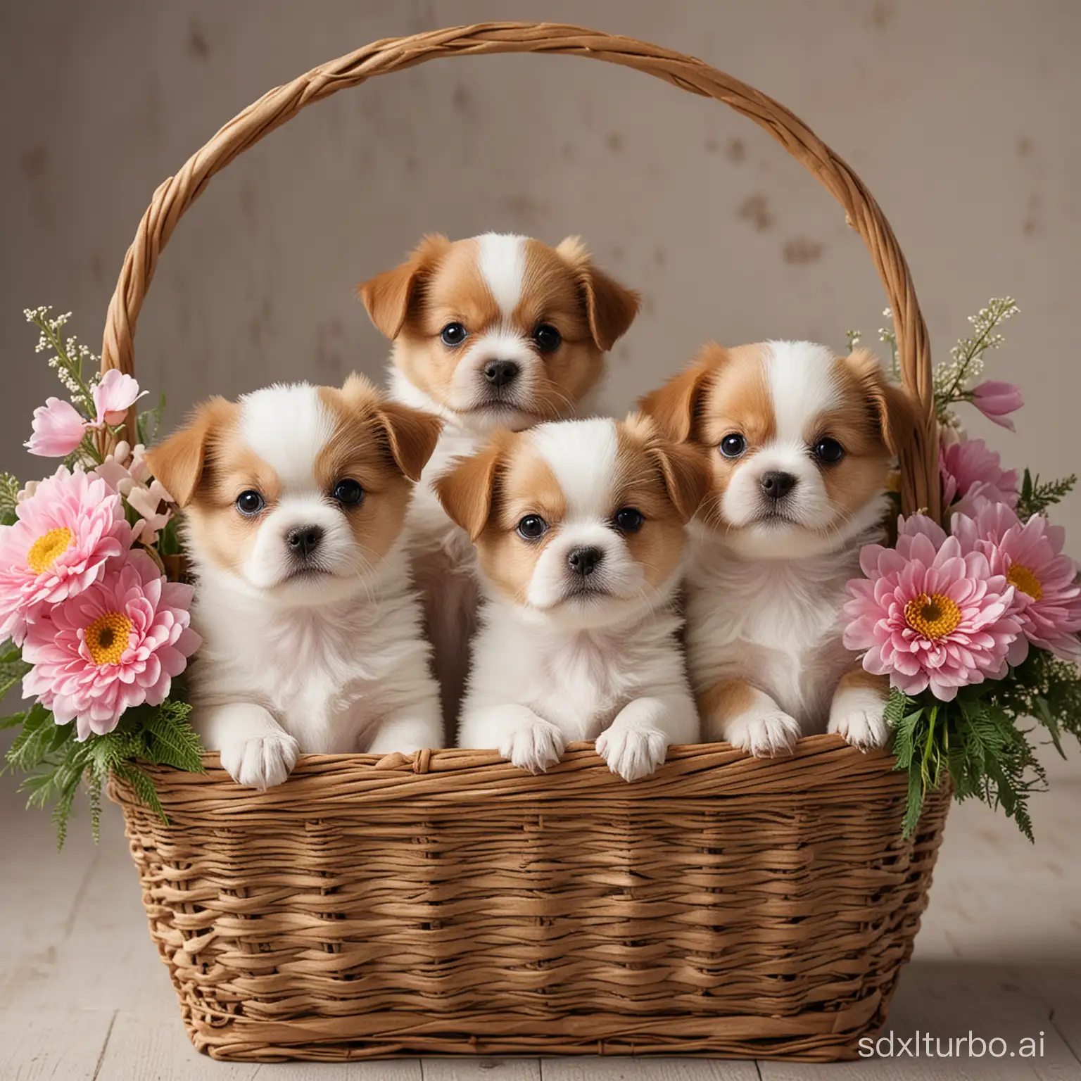Three cute little dogs in a flower basket