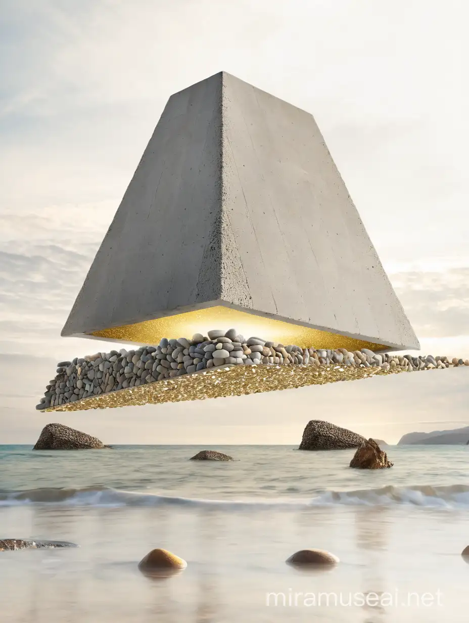 Golden Pyramid Trunk Suspended Over Reflective Sea Shore