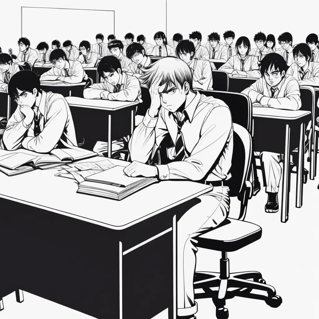 create a image in a mangas style of a hero on his desk looking despair on his chair while everyone is looking at him.  out the desk on  a stage and other desk of other students outside the stage

