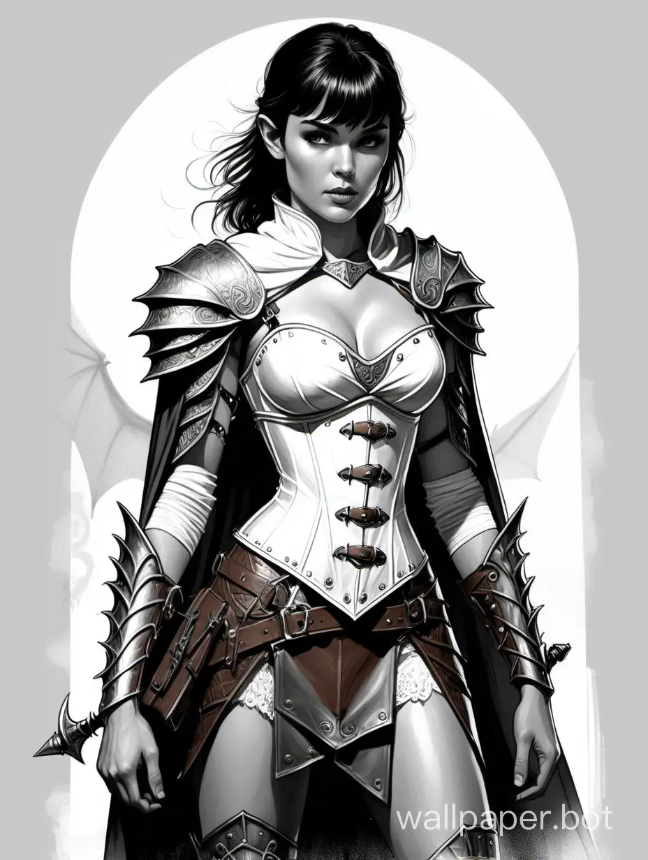 Young Keira Korpi, black and white sketch with short dark hair and bangs, 4-size chest, narrow waist, wide hips, dragon slayer, D&D character, white corset with deep neckline, short sleeves, and metal inserts, lightweight steel elven armor with leather overlays, light mini-skirt with lacing, cloak on the right shoulder, 3/4 height, white background, nude art style