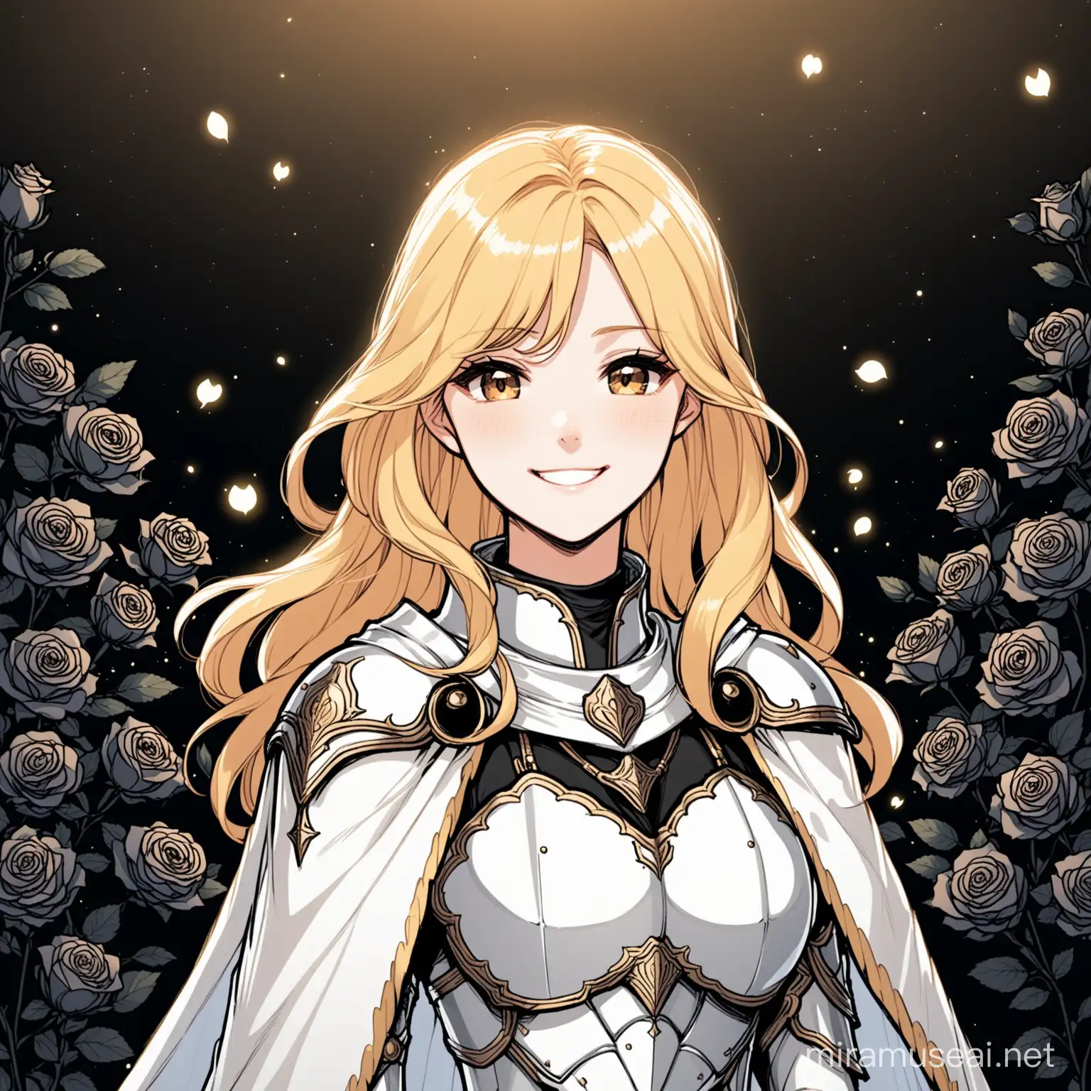 A smiling woman with wild wavy blonde hair wearing white light armor and cape against a background of black roses and decor; Korean webtoon style