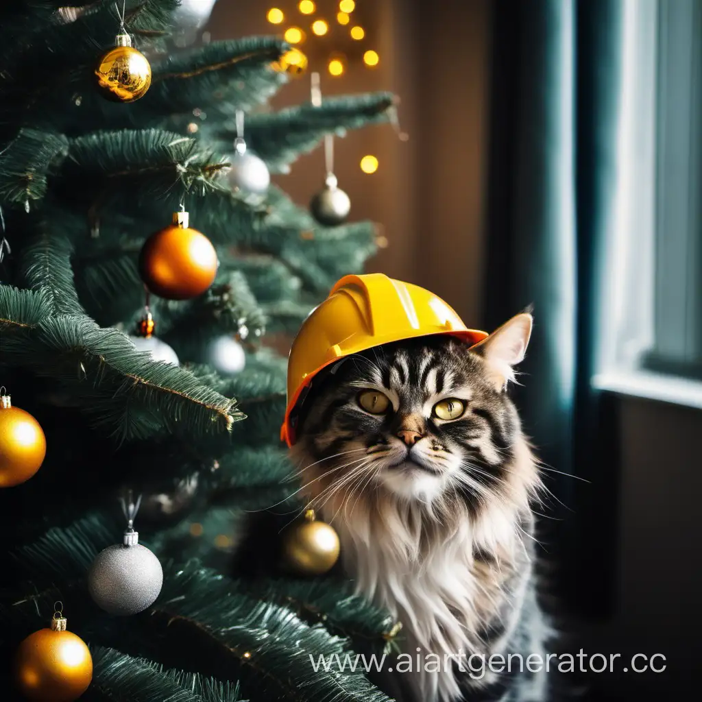 a construction cat in a helmet stands near the Christmas tree