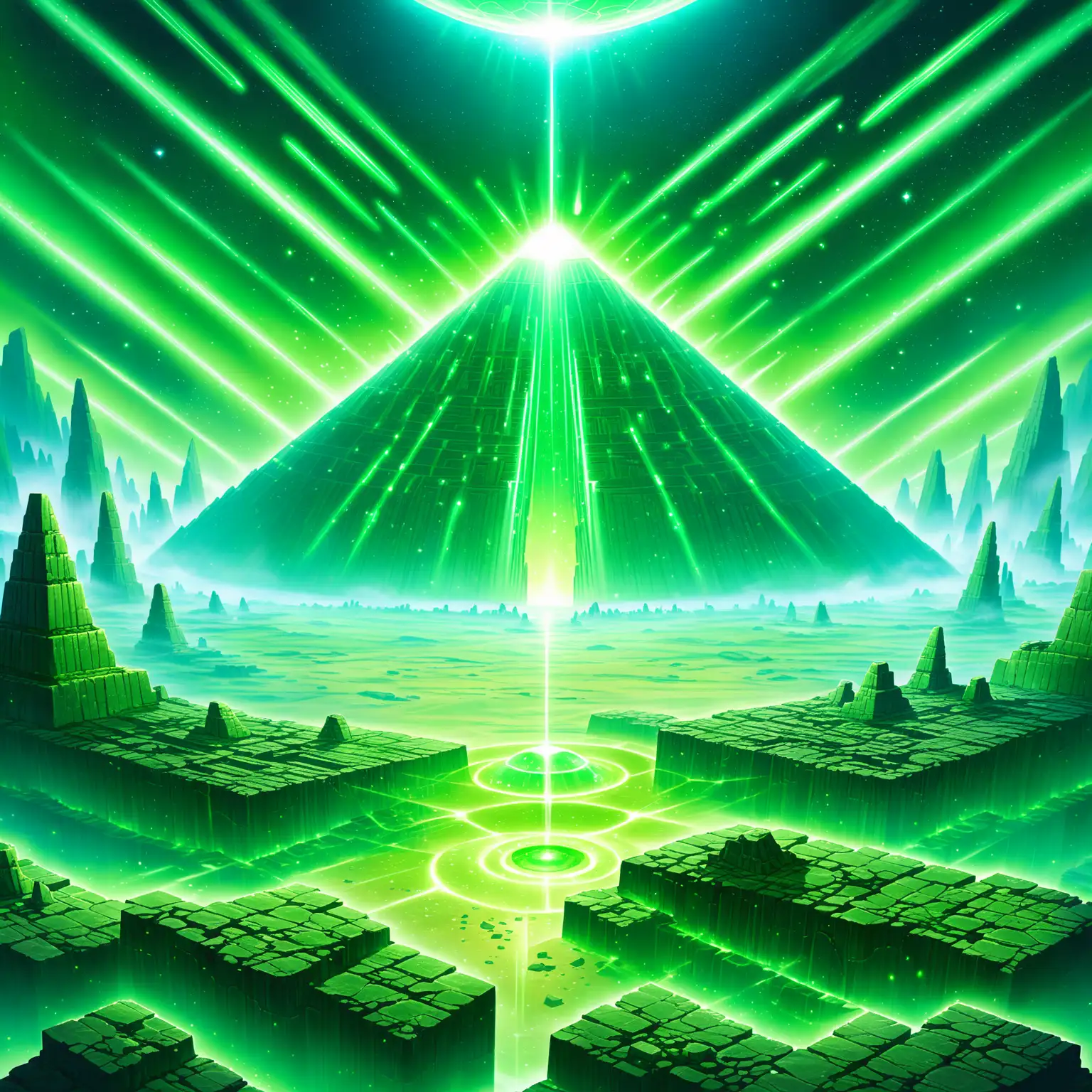 Mystical Ruins of an Ancient Alien Civilization with Scattered Green Crystals