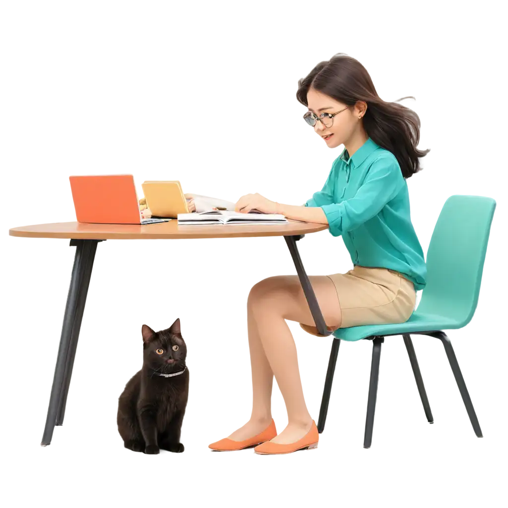 A girl study and a cat beside her, on the table some book are there and teal gradient color background behind the and cat only, make it like cartoon way