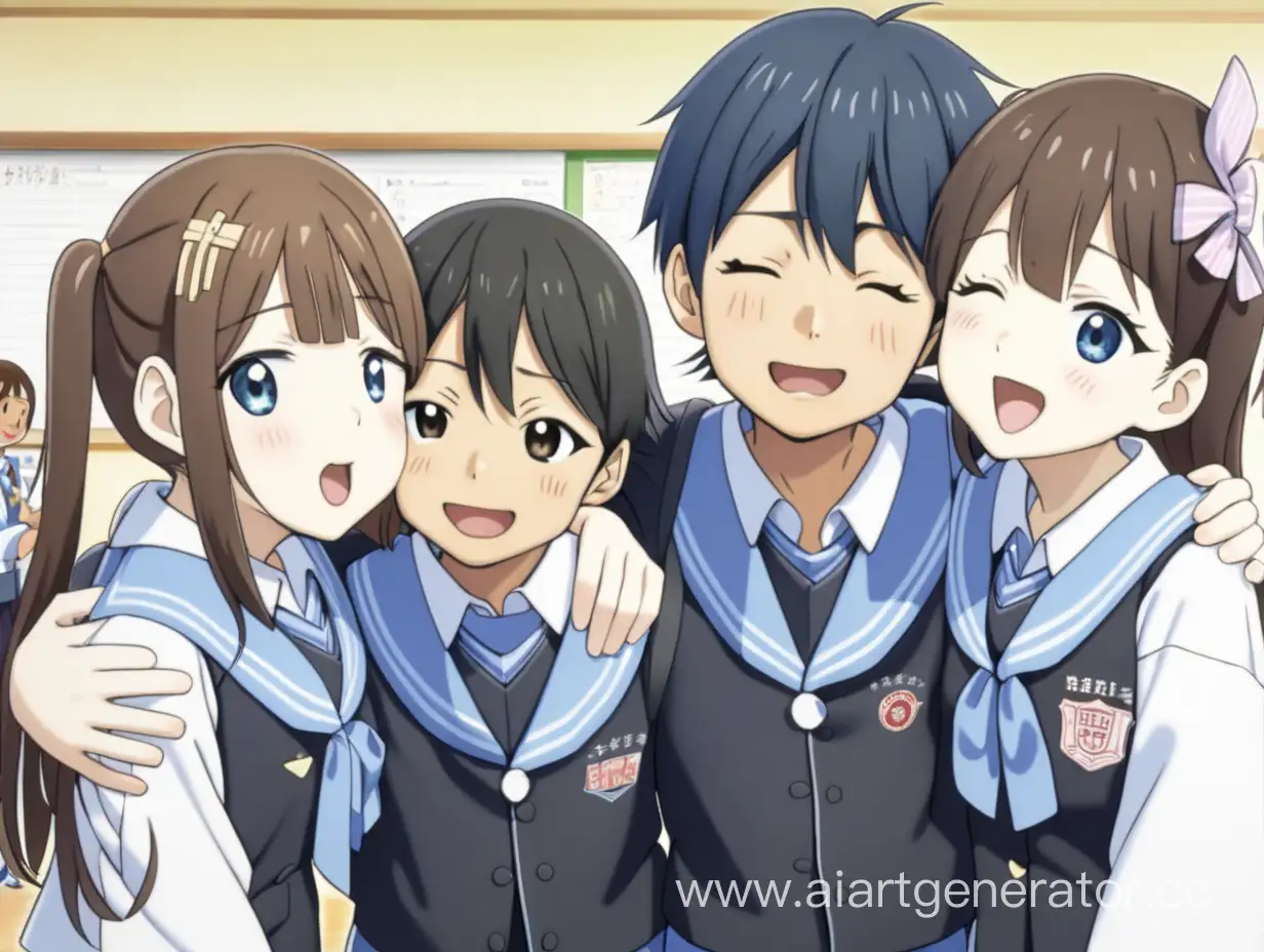 A Japanese boy is hugged by three Japanese waifus in a school uniform