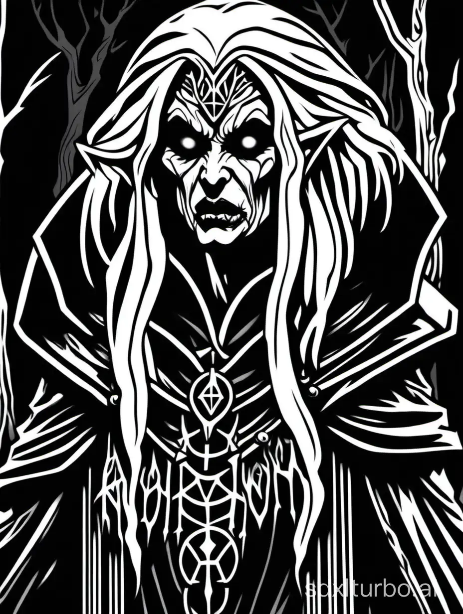 line art of Hilla the Dark, the sinister hag:drow:vampire:crone, dark forest, close up, 1bit bw, black background, style of 1981 Basic Dungeons and Dragons, by David A. Trampier,