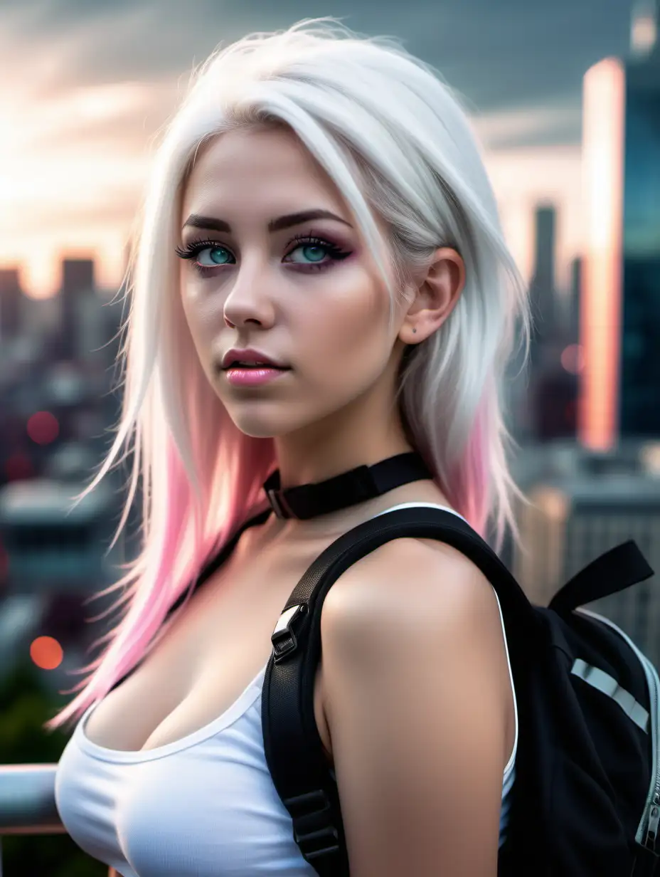 Beautiful Nordic woman, very attractive face, detailed eyes, big breasts, dark eye shadow, white hair with pink tips, white tube top, Jean shorts, choker necklace, wearing a black backpack, extremely close up photo, bokeh background, soft light on face, rim lighting, facing away from camera, looking back over her shoulder, standing in front of a futuristic city, photorealistic, very high detail, extra wide photo, full body photo, aerial photo