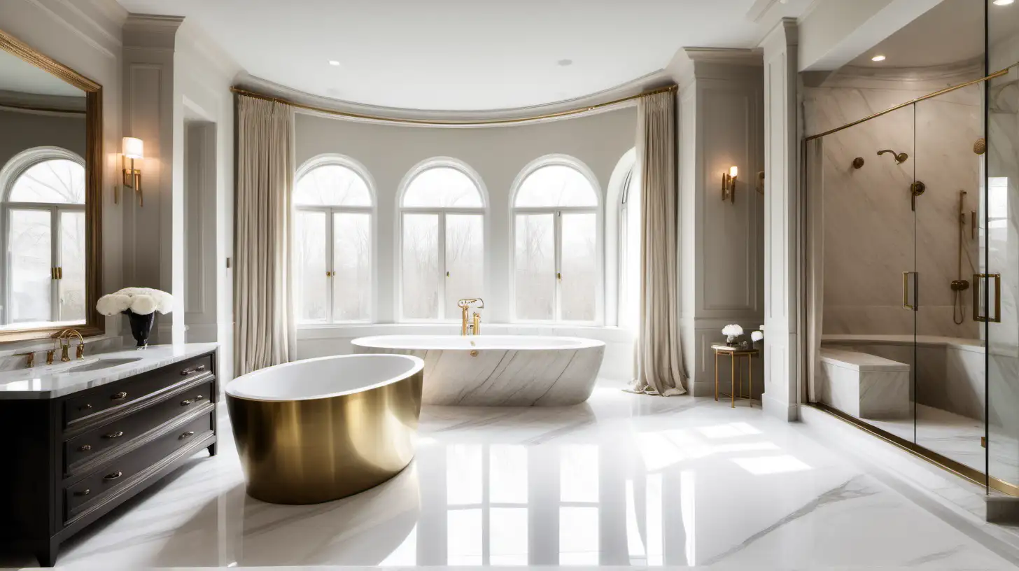 a modern Parisian luxurious, large, master bathroom; deep soaking tub; marble dual vanity; large window with curtains; large dual alcove shower; limestone flooring; beaige, oak, and brass colour palette;