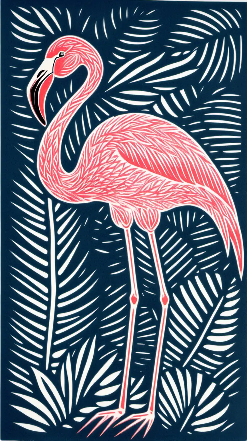 Vibrant Block Print Flamingo Artwork Bold Colors and Geometric Patterns