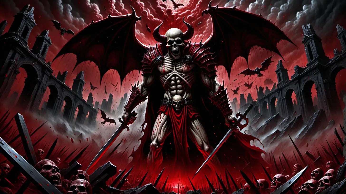 skull, Berserk style, Super detailed Lucifer's Ruins, Blood red sky, Devilish figure, demonic rituals, dark, evil, gray, bloody, blood rain, 