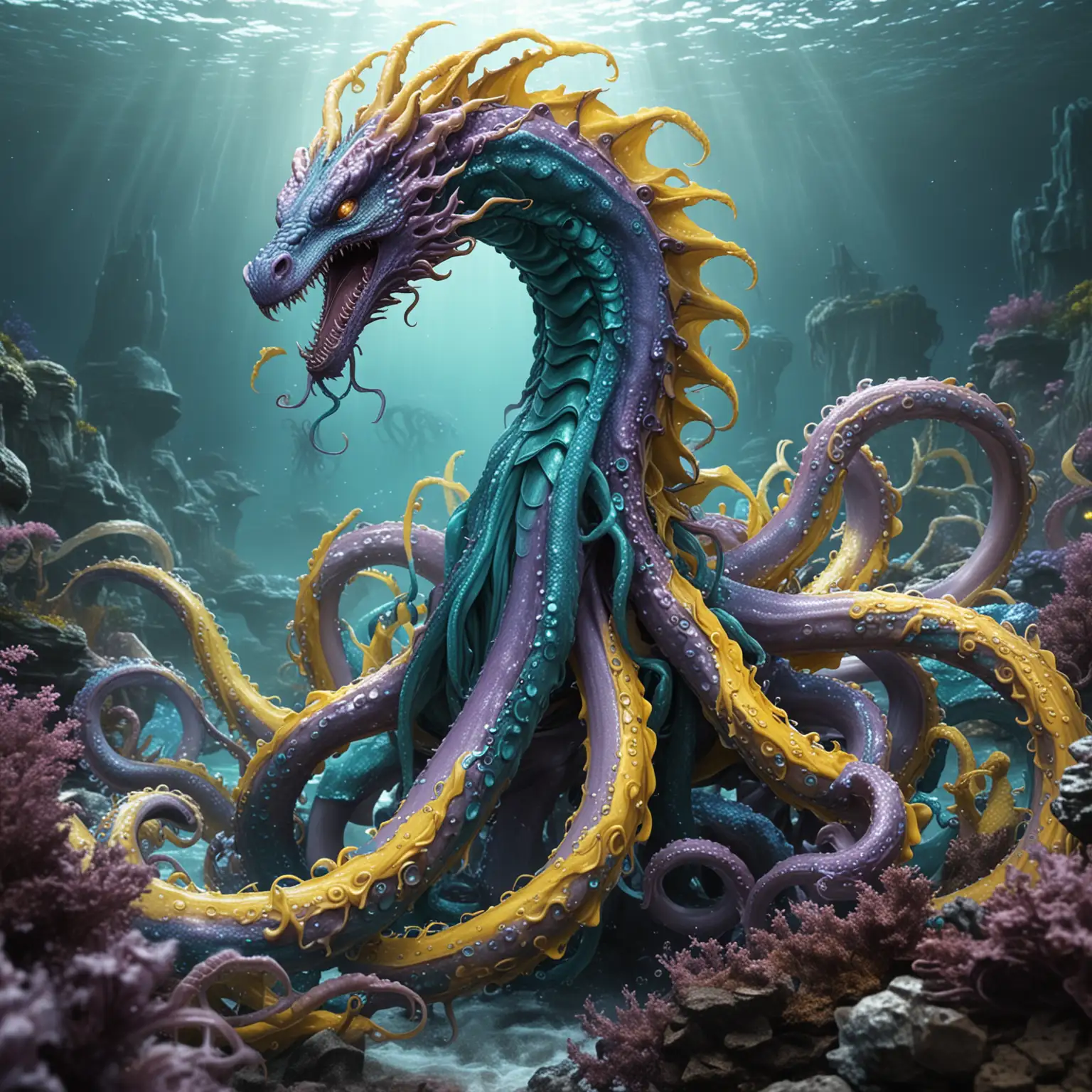 Tentacle dragon, long thick slimy tentacles, high definition, epic scenery, blue, teal, yellow, mauve