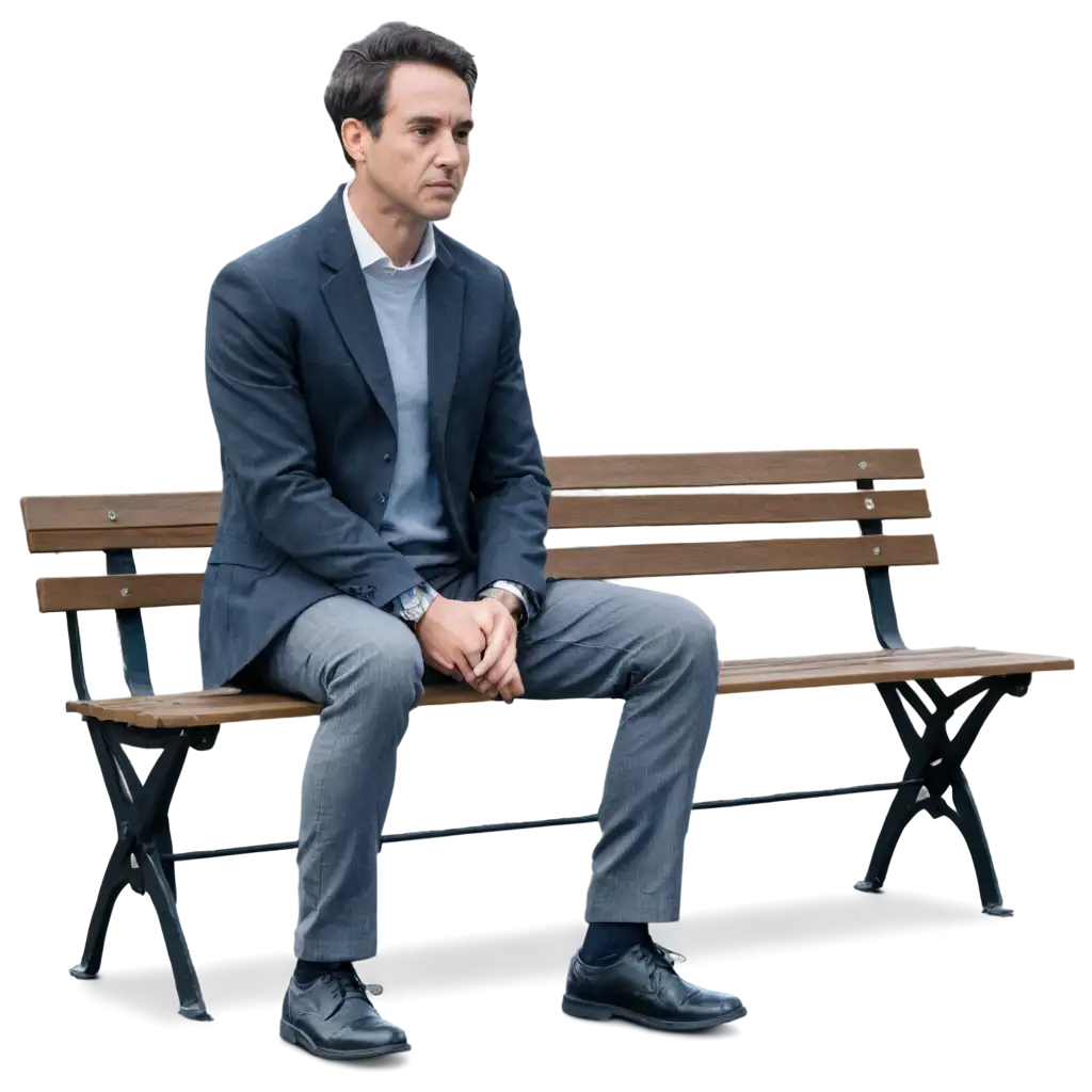a lonely man is sitting front facing on a bench