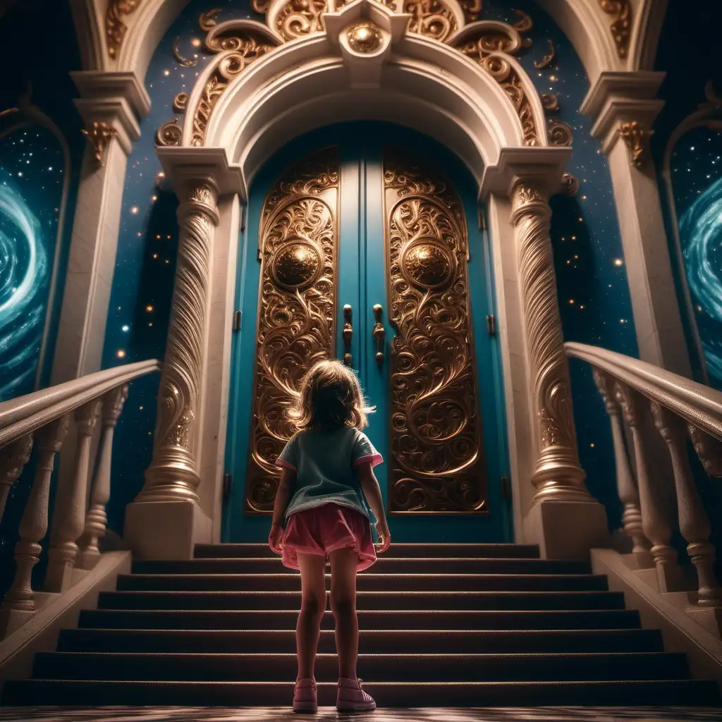In space, a little girl is standing on a staircase and knocking in front of a huge ornate illuminated door that is just now open, Real photography, spiritual, holy, realism, detailed texture, Cinematic, Color Grading, Ultra-Wide Angle, Depth of Field, hyper-detailed, beautifully color-coded, insane details,