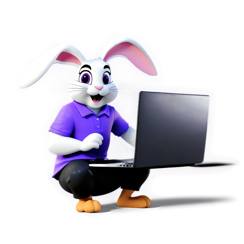 Easter-Bunny-PNG-Purple-Shirt-Bunny-Smashing-Black-Laptop-with-Egg