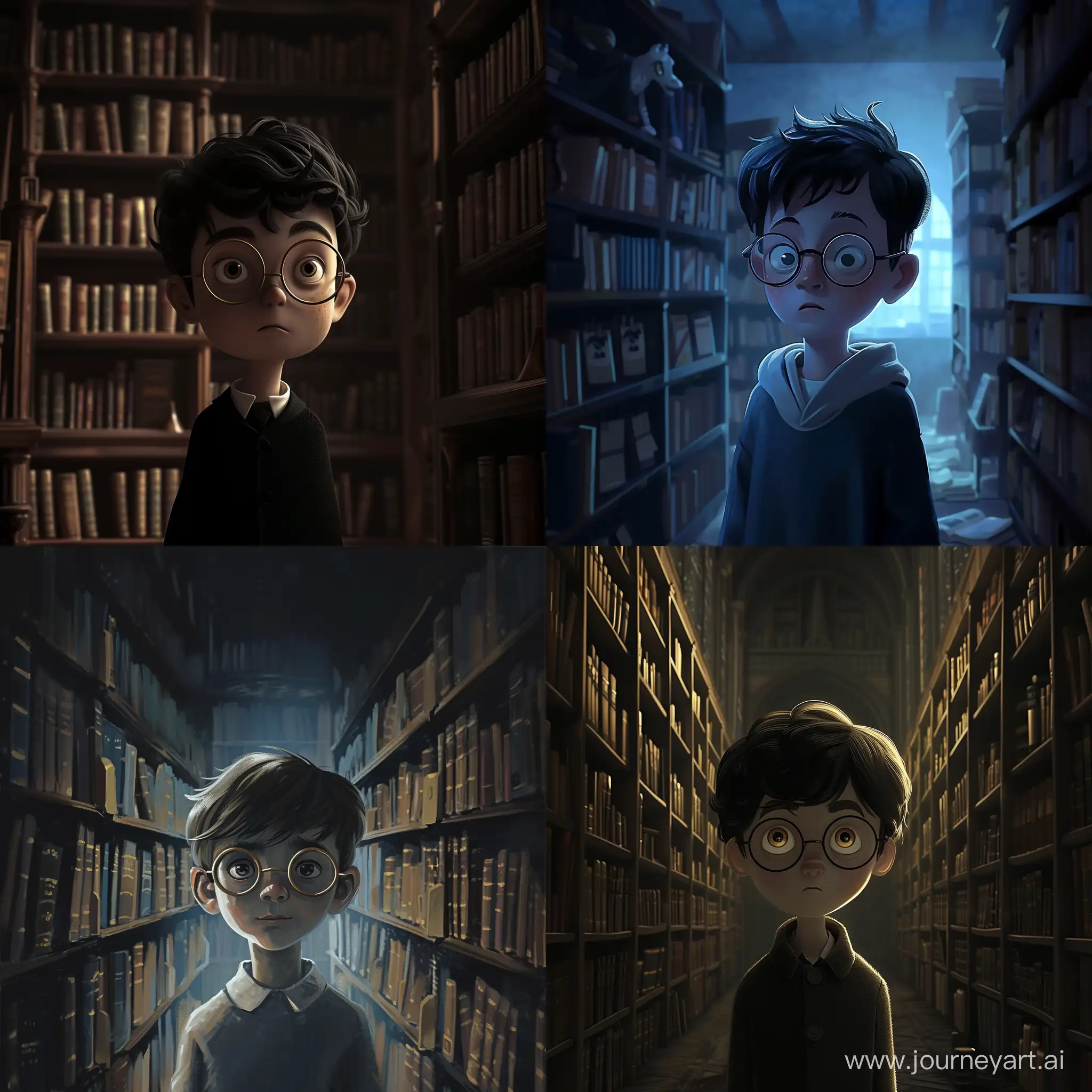 мальчик в круглых очках стоит в темной библиотеке