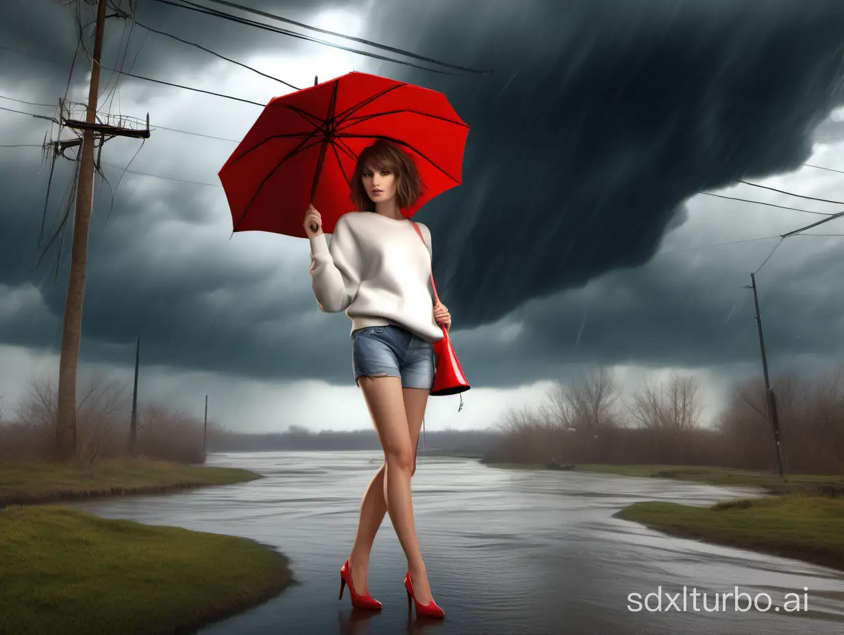 Hyper-maximalism, ultra-detailed photorealistic image of a beautiful young woman with bright skin and a messy brown bob hairstyle styled in a French manner. She is dressed in a white sweater, short jeans, and high heels, holding a vibrant red umbrella. The background features a tumultuous storm scene with tornadoes, turbulent clouds, lightning, torrential rain, swaying trees, and overflowing rivers, all rendered in ultra photorealistic detail with natural skin textures and slight imperfections. The scene is rendered using a style resembling V-Ray for hyper-realistic effect.
