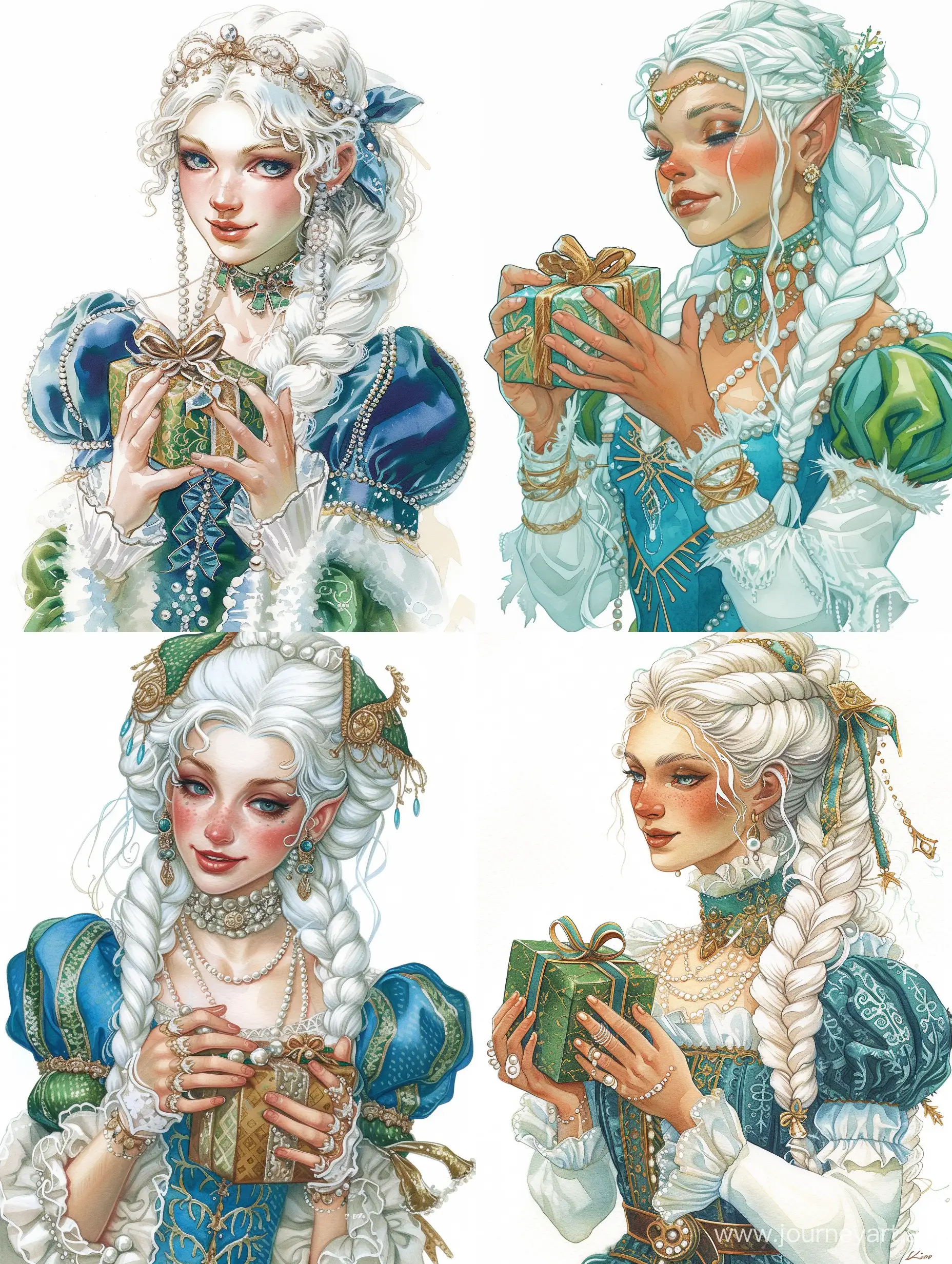 снегурочка, очень красивая, милая, белые косы, жемчуга, голубой и зеленый цвет в нарядах, держит в руках подарок, Красивые руки, рисунок, эстетика праздника, винтаж, акварель, динамичная поза