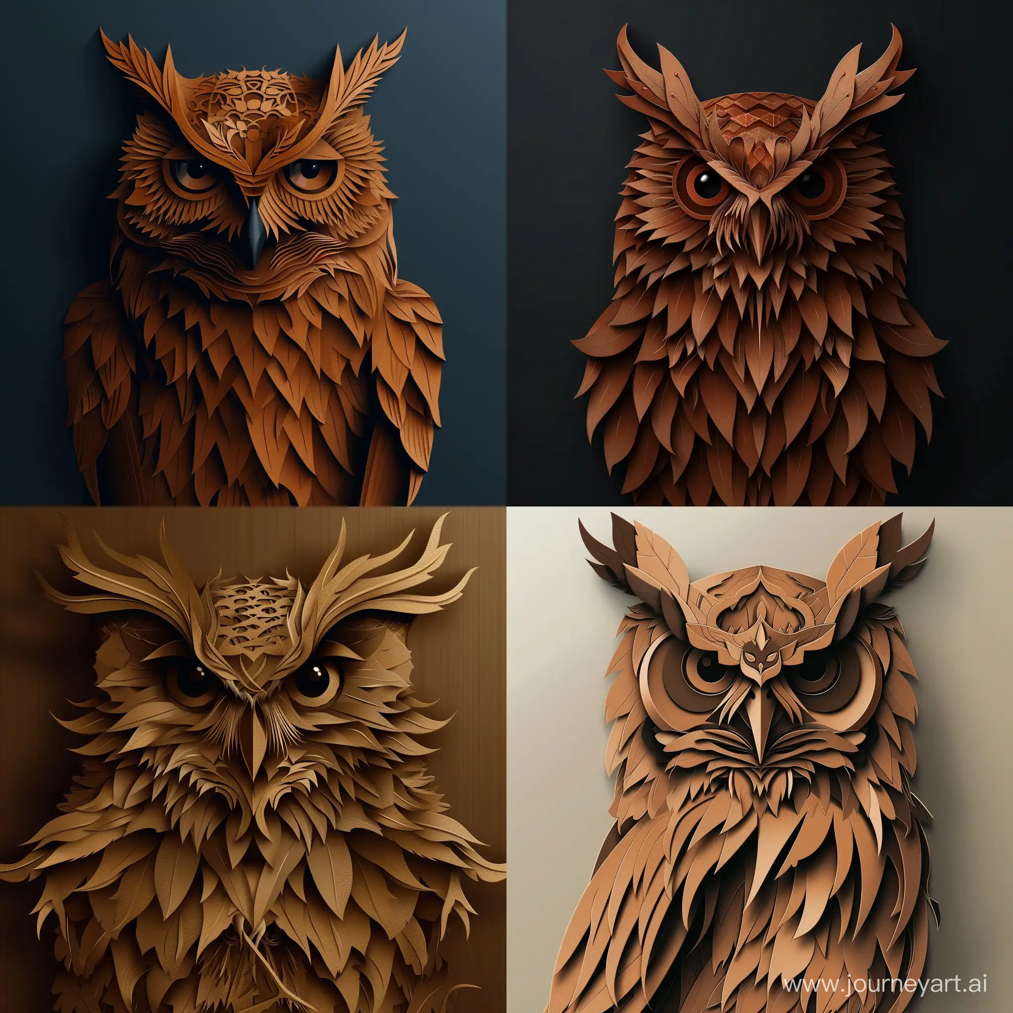 cut paper art of a majestic owl with piercing eyes and a regal stance. Its feathers are a rich brown with hints of darker shades, conveying a sense of authority. The owl's plumage is sleek and well-groomed, topped with an impressive feathered crown that symbolizes wisdom, in high quality vector style