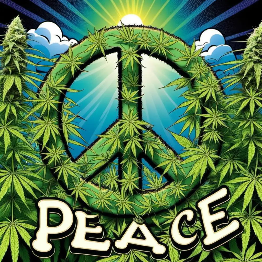 A peace sign in a cartoonish marijuana  scene with the words "Peace". --ar 4:3