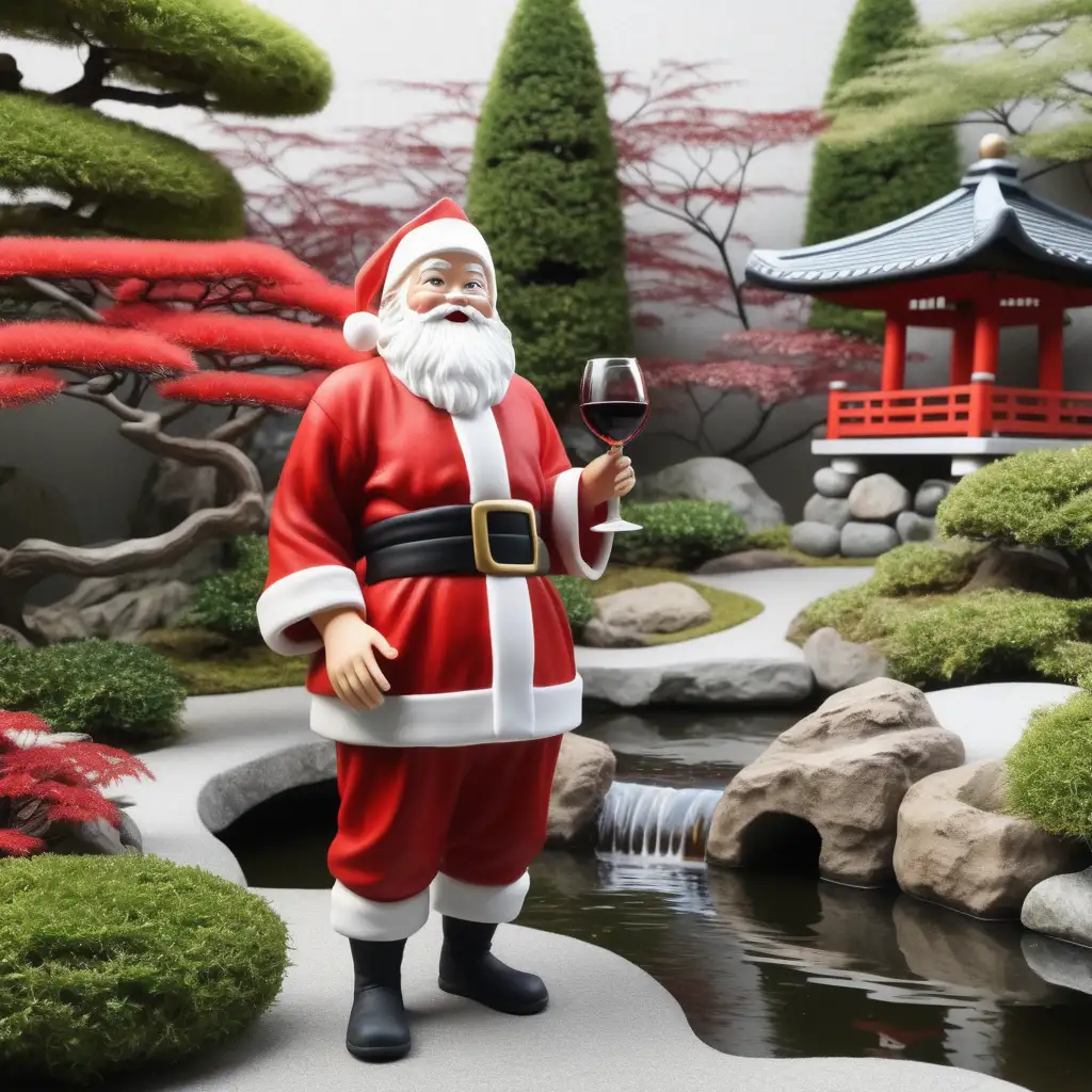 A realistic picture of santa in a Japanese garden. Add a wine glass in santas hand filled with red wine