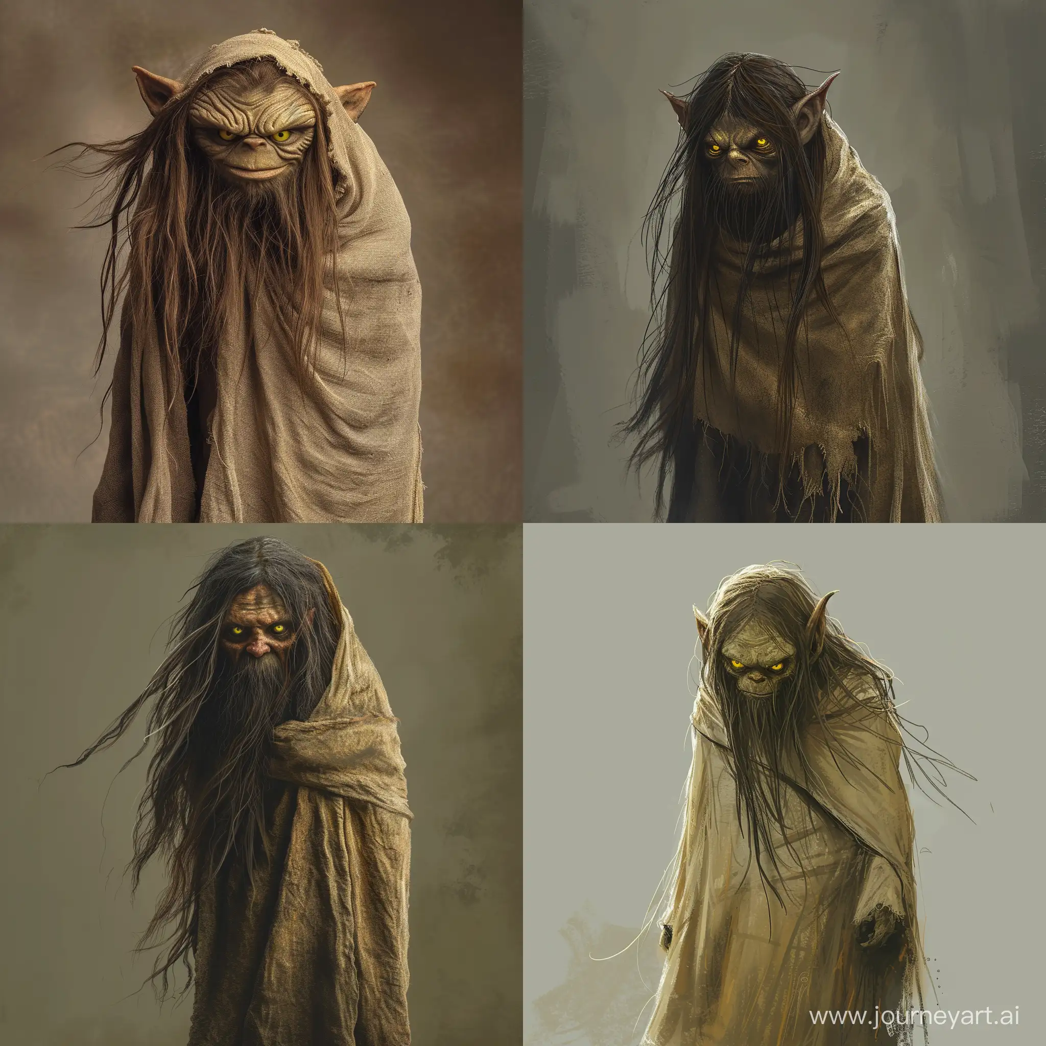 a young goblin with long hair behind his back, no beard or mustache, full height, face hidden, whole body wrapped in a baggy cloth like a poncho, with yellow evil eyes