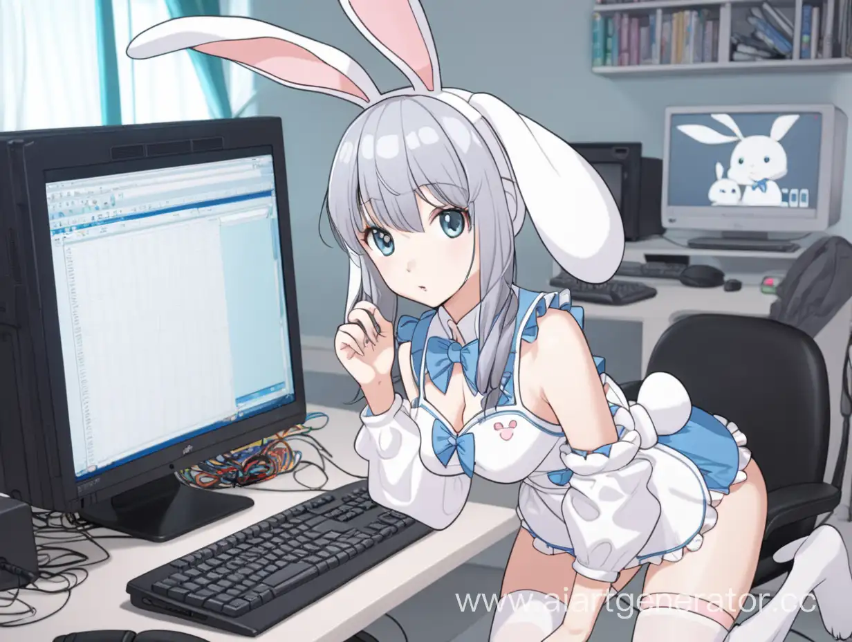 Adorable-Anime-Girl-in-Bunny-Costume-with-Computer