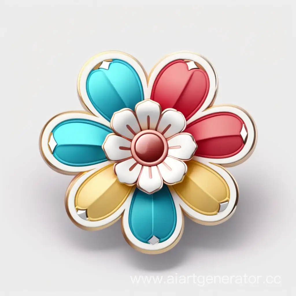 Simple logo of a 3D flower badge ribbon three colors, made of a badge, white background.