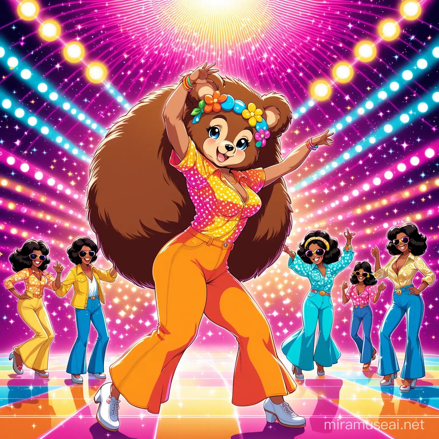 A vibrant and retro-inspired anime illustration of a playful mama bear with a groovy and funky style. She is dressed in fashionable clothing from the 70s era, with a colorful flower headband and bell-bottom jeans, and is dancing with a cheerful smile. The background features a lively disco scene with a colorful dance floor, disco ball, and other animated characters swaying to the rhythm. The overall vibe is upbeat and nostalgic, capturing the essence of the groovy era.