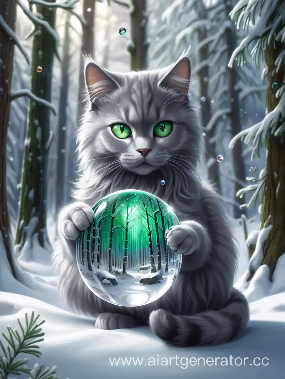 Curious-Gray-Cat-with-Green-Eyes-Playing-with-Crystal-Ball-in-Enchanted-Snowy-Forest