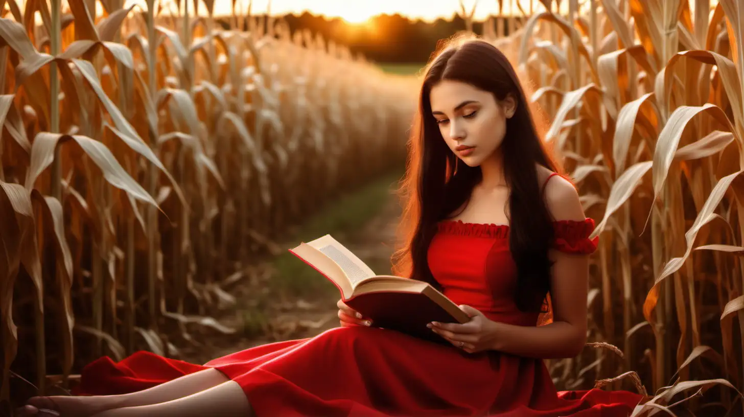 Portrait of a beautiful young girl, with long dark hair, red dress and sneekers. Sitting in a cornfield reading a book. Sunset and golden light. Photo realistic and cinema -like.