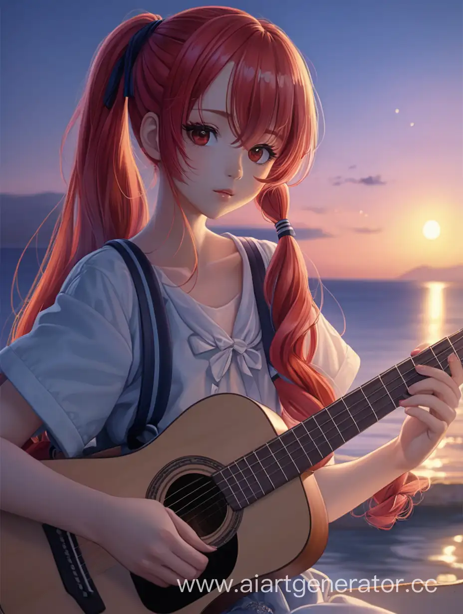 Красивая аниме девушка с длинными рыжими волосами; У девушки коричневые глаза; У неё красивые губы и аккуратный нос; Волосы девушки собраны резинкой в высокий хвост; Девушка играет на гитаре вечером у моря