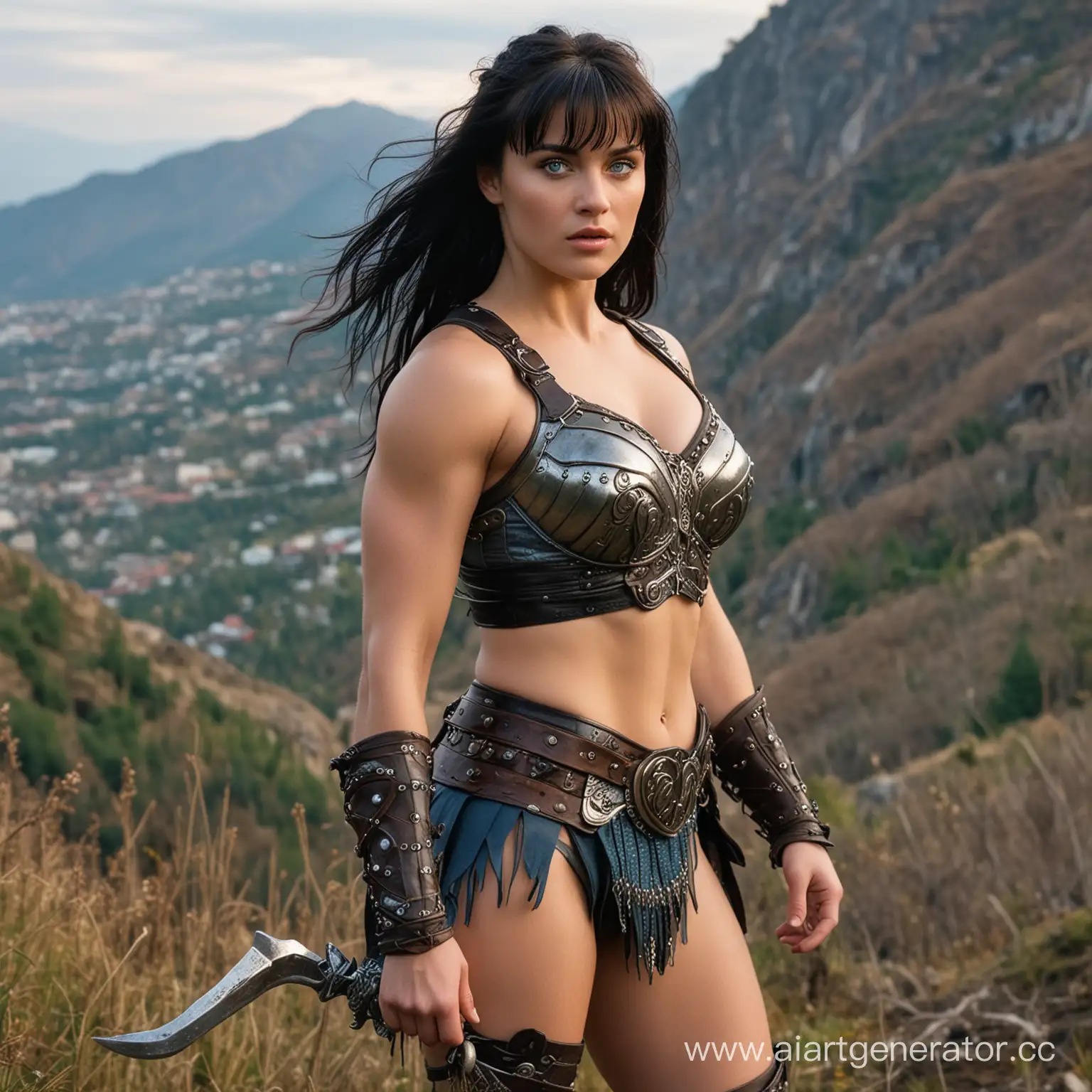 Strong athletic beautiful-faced Xena Warrior Princess, dark hair, blue eyes, voluptuous thighs, laced, in Alupka near Mt. Ai-Petri, spring evening
